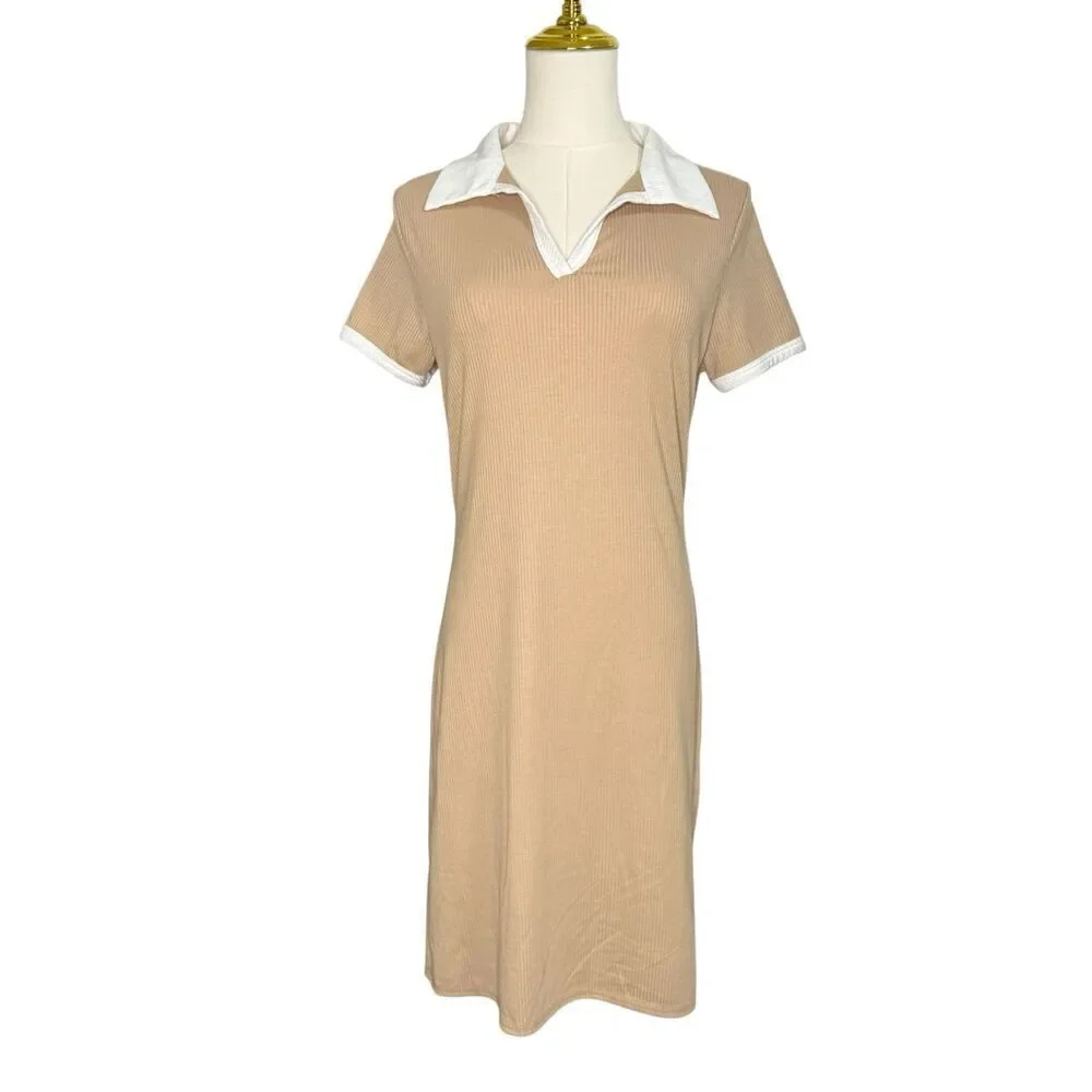 Livi by Olivia Rae Women’s Large Knit Midi Dress Tan Collared Ribbed Preppy NEW - Picture 1 of 6